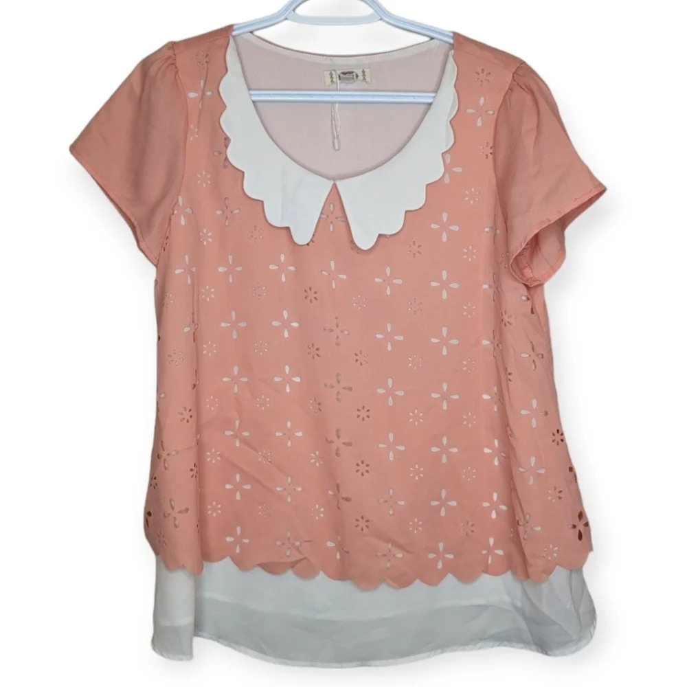 Poone Coral Pink White Layered Dressy Short Sleeve Top Eyelet  Cutouts Small